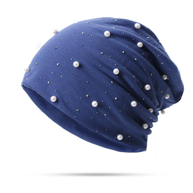 Perle Strass Frauen Beanie Hüte Herbst Winter Warme Weiche Baumwolle Skullies Caps Casual Außerhalb Turban Weibliche Damen Hearwear blau von Joom DACH