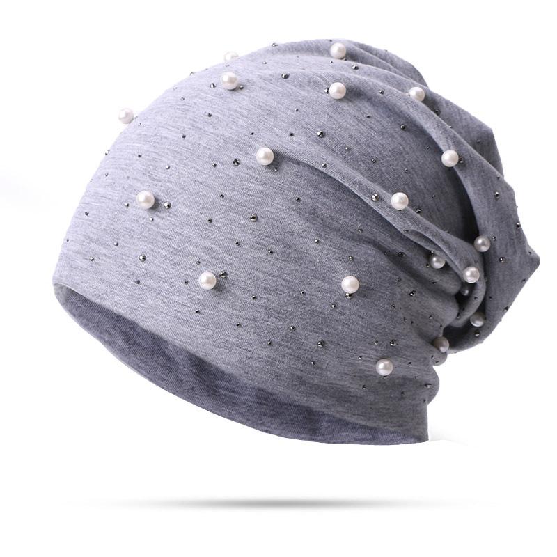 Perle Strass Frauen Beanie Hüte Herbst Winter Warme Weiche Baumwolle Skullies Caps Casual Außerhalb Turban Weibliche Damen Hearwear graue von Joom DACH