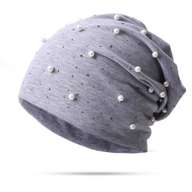Perle Strass Frauen Beanie Hüte Herbst Winter Warme Weiche Baumwolle Skullies Caps Casual Außerhalb Turban Weibliche Damen Hearwear graue von Joom DACH