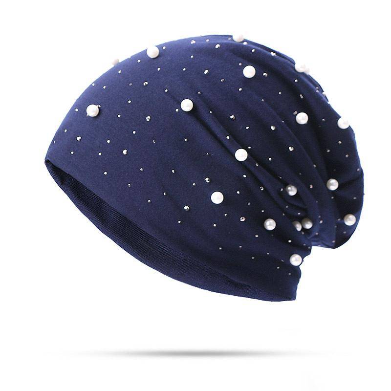 Perle Strass Frauen Beanie Hüte Herbst Winter Warme Weiche Baumwolle Skullies Caps Casual Außerhalb Turban Weibliche Damen Hearwear navy blau von Joom DACH