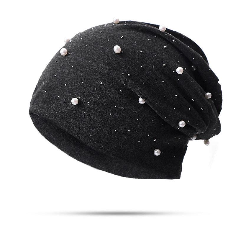 Perle Strass Frauen Beanie Hüte Herbst Winter Warme Weiche Baumwolle Skullies Caps Casual Außerhalb Turban Weibliche Damen Hearwear schwarz von Joom DACH