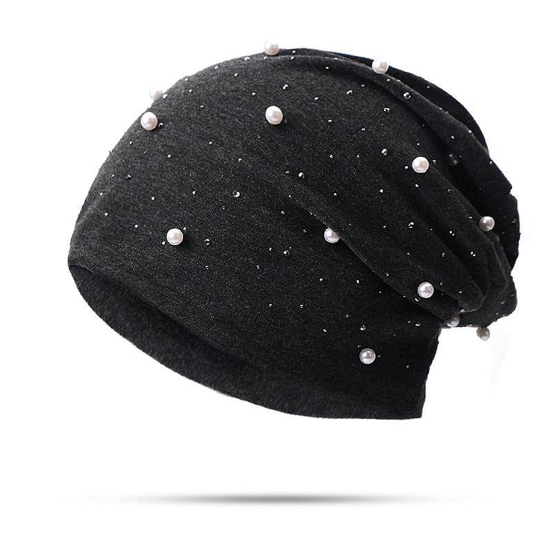 Perle Strass Frauen Beanie Hüte Herbst Winter Warme Weiche Baumwolle Skullies Caps Casual Außerhalb Turban Weibliche Damen Hearwear schwarz von Joom DACH