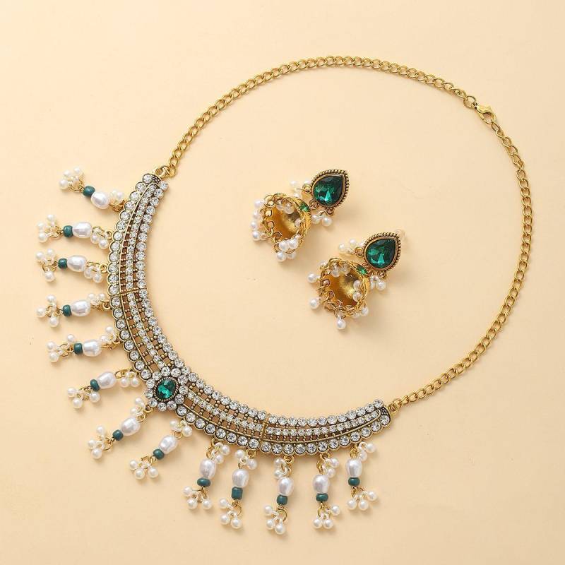 Perlenquaste Tropfende Perlen Übertriebene Halskette Ohrringe Damen Welle Mode Retro Schmuckset Damen grün von Joom DACH