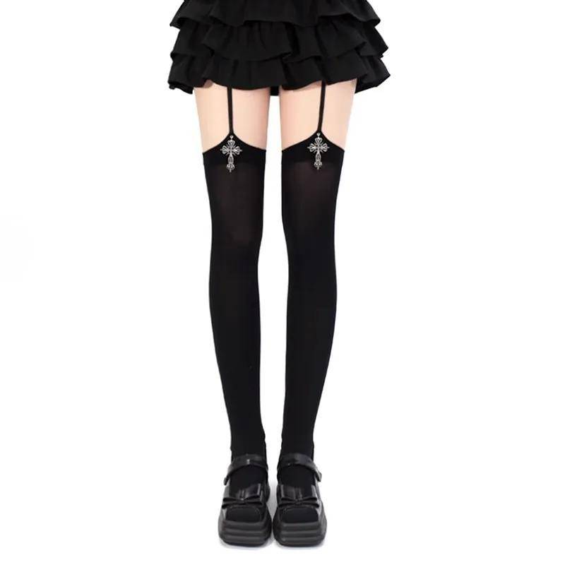 Persönlichkeit Kreuz Dekoration Damen Strapsstrümpfe Einfarbig Dünn Oberschenkelhoch Lolita Anime Cosplay Gothic Überknie Strümpfe One Size schwarz von Joom DACH