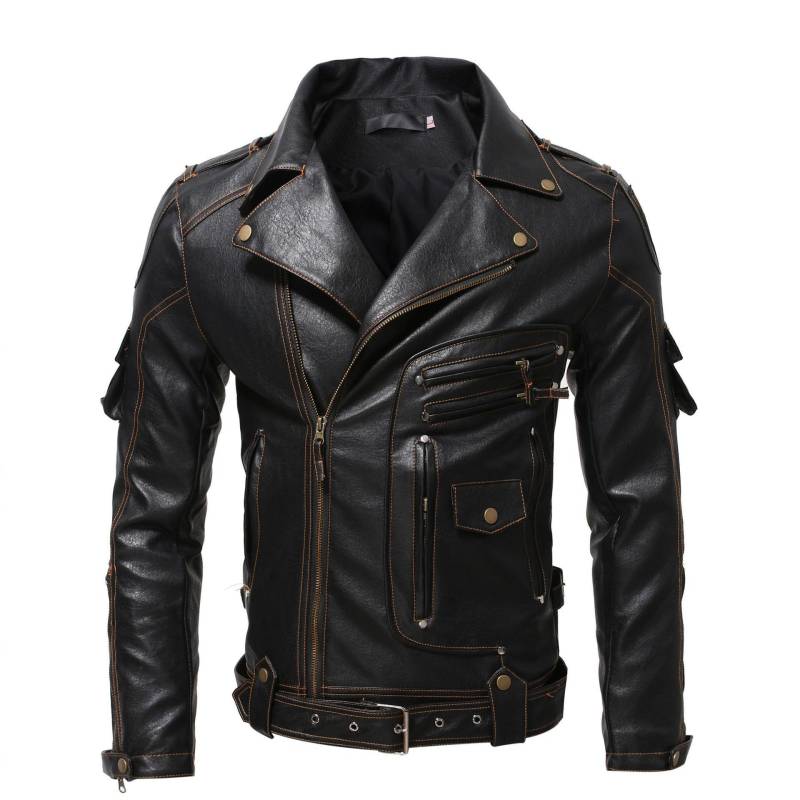Personalisierte Lederjacke für Herren im Herbst und Winter, schmale Passform, Reißverschlussjacke mit mehreren Taschen 4XL schwarz von Joom DACH