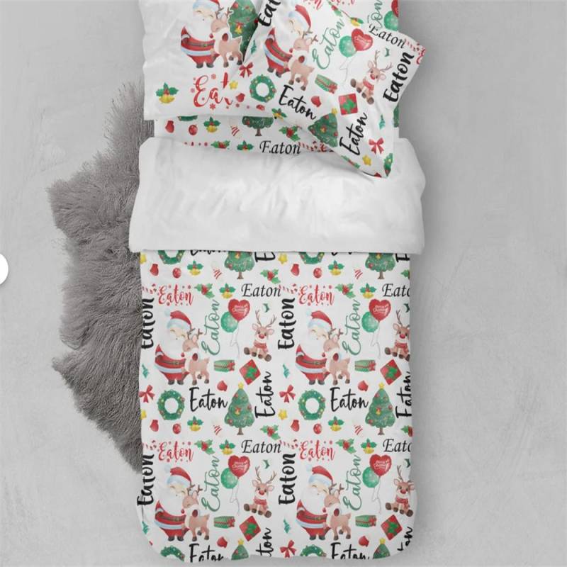 Personalisierte Weihnachts-Baby-Namensmuster-Bettwäsche, Weihnachtsmann-Rentier-Bettwäsche, Kleinkind-Kinder-Weihnachts-Bettwäsche, Weihnachts-Bettwäsche-Set EU Single135x200cm von Joom DACH