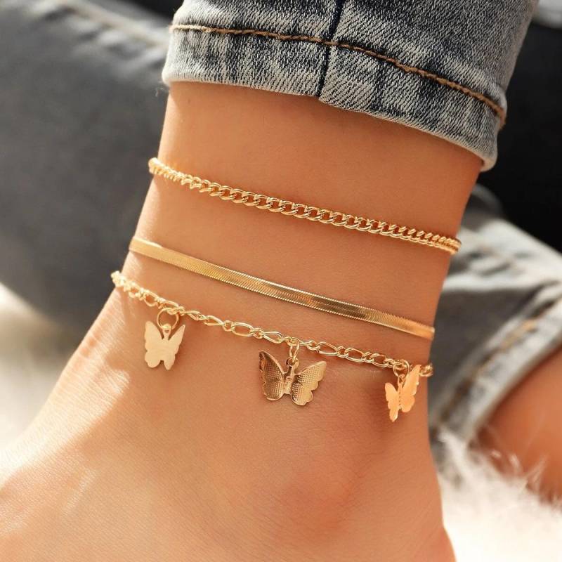 Personalisiertes hohles handgefertigtes Fußschmuckset, Design Sense Chain Letter Butterfly Fußkettchen gold von Joom DACH