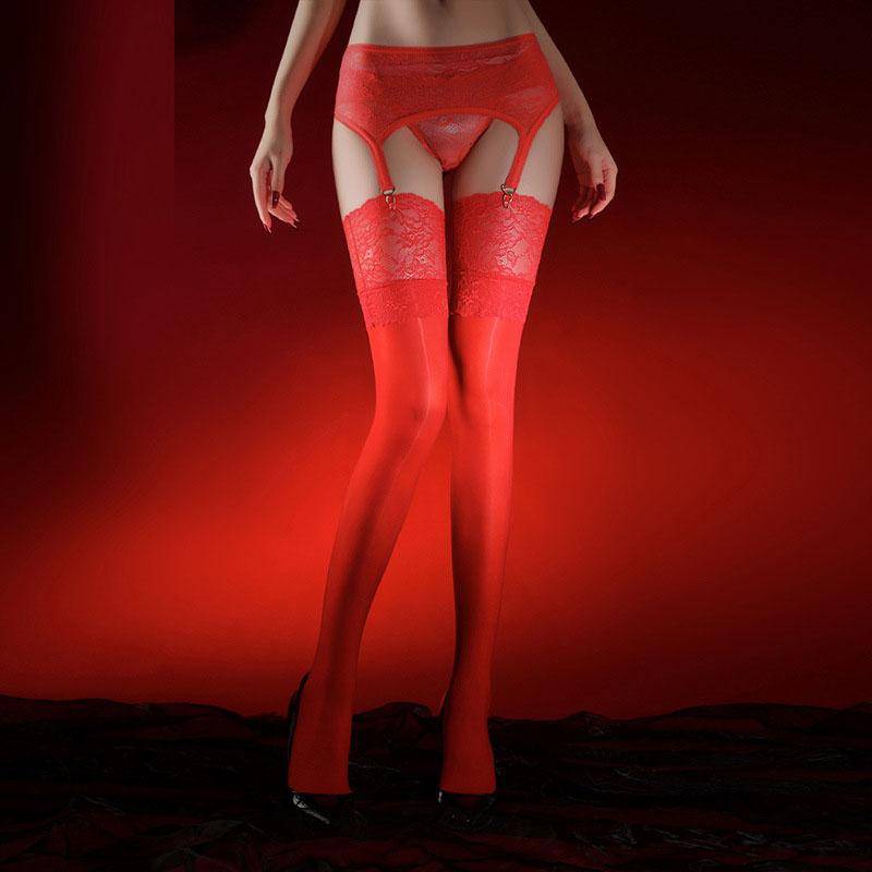 Pferdeöl Damen Seidenstrümpfe mit Strapsgürtel Oberschenkelhoch Strapsstrümpfe Spitze Strumpfhose One size rot von Joom DACH
