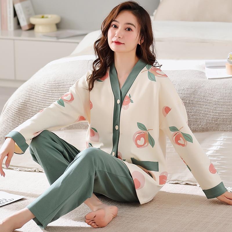 Pfirsichgrüne Pyjama-Sets für Damen, lange Ärmel, lange Hosen, Herbst-Winter, süße Nachtwäsche, Kawaii-Pijamas, gemütlicher Pyjama, weiche Nachthemden 5XL von Joom DACH