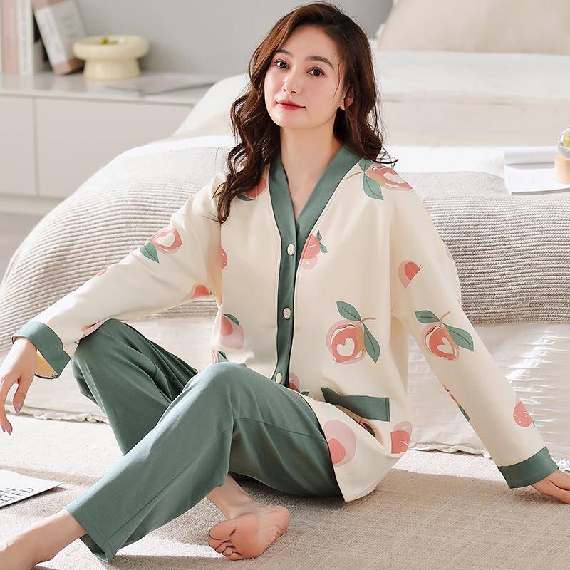 Pfirsichgrüne Pyjama-Sets für Damen, lange Ärmel, lange Hosen, Herbst-Winter, süße Nachtwäsche, Kawaii-Pijamas, gemütlicher Pyjama, weiche Nachthemden 5XL von Joom DACH