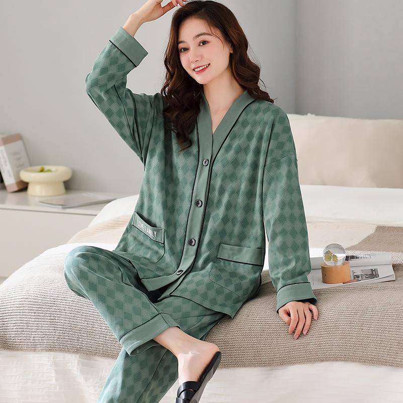 Pfirsichgrüne Pyjama-Sets für Damen, lange Ärmel, lange Hosen, Herbst-Winter, süße Nachtwäsche, Kawaii-Pijamas, gemütlicher Pyjama, weiche Nachthemden 5XL von Joom DACH