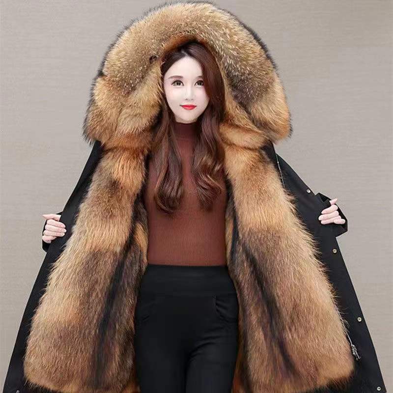 Pike Damen-Fuchspelz-Futter, abnehmbarer, mittellanger Winter-gepolsterter Pelzmantel, Kunstpelzmäntel für Frauen M von Joom DACH