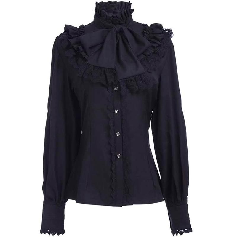 Piratenbluse mit Rüschen, Damen-Hemd, weiß, langärmelig, viktorianische Bluse, Damen-Gothic-Lolita-Hemd S schwarz von Joom DACH