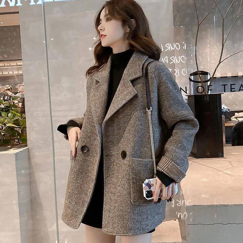 Plaid Mantel Frauen Wolle Blazer Herbst Winter Mantel Frauen Verdicken Medium Lange Wolle Kleine XXL von Joom DACH