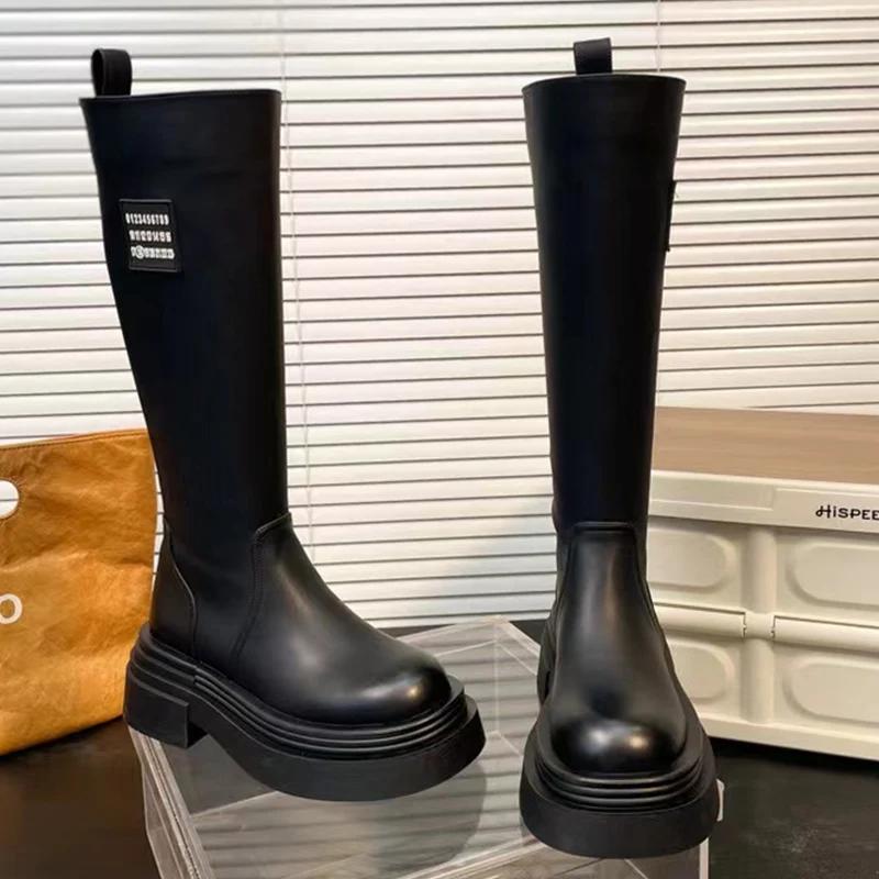 Plateau Damen Overknee Stiefel Mittelhohe Absätze Modeschuhe Leder Kniehoch Motorradstiefel 2024 Trend Winter Designer Botas De Mujer 36 schwarz von Joom DACH