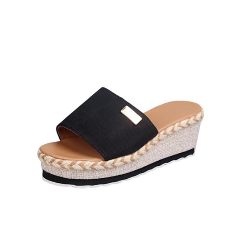 Plateau-Espadrilles mit Keilabsatz für Damen, einfarbige, leichte, rutschfeste Pantoletten, bequeme Schuhe mit offener Spitze 38 schwarz von Joom DACH