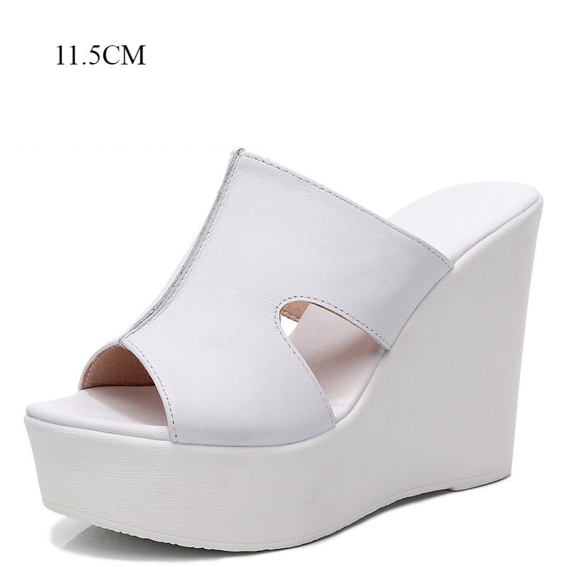 Plateau-Hausschuhe Damen Chunky Sommerschuhe Echtleder Sandalen Weiß Lady Wedges Sandalen Street Style Woman Slides 38 von Joom DACH