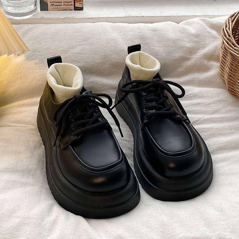 Plateauschuhe aus weichem Leder, mattes Leder, Damenschuhe mit schwarzen Schuhen, passende Freizeitschuhe für Damen im Preppy-Stil 40 von Joom DACH