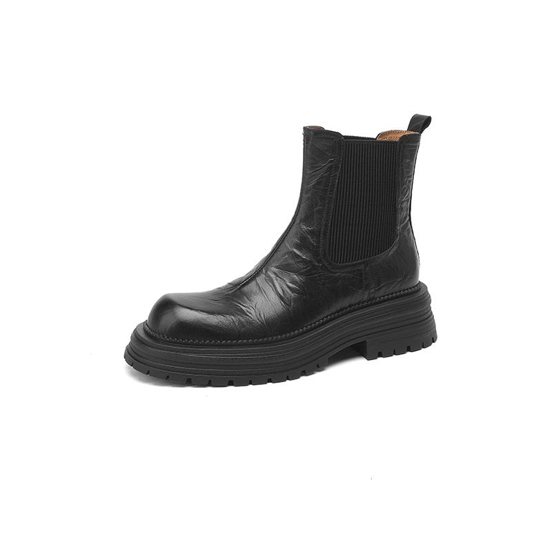 Plateau Schuhe Damen Stiefeletten Echtes Leder Runde Zehenpartie Basic Schuhe Frau Freizeit Lässig Arbeit Herbst Winter Kurze Stiefel 34 schwarz von Joom DACH