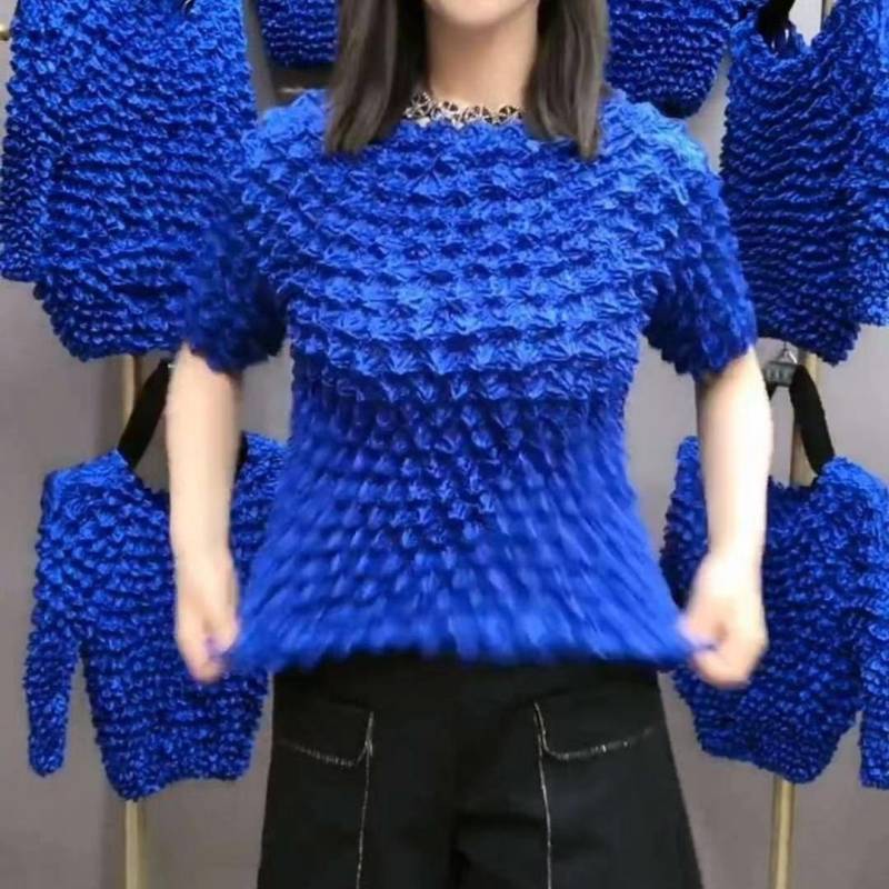 Plissee Ananas Falten Bubble Shirt Vielseitiger Zauberanzug Kurzarm Einfarbig Transparent Lose Dreidimensionale Damen One Size von Joom DACH