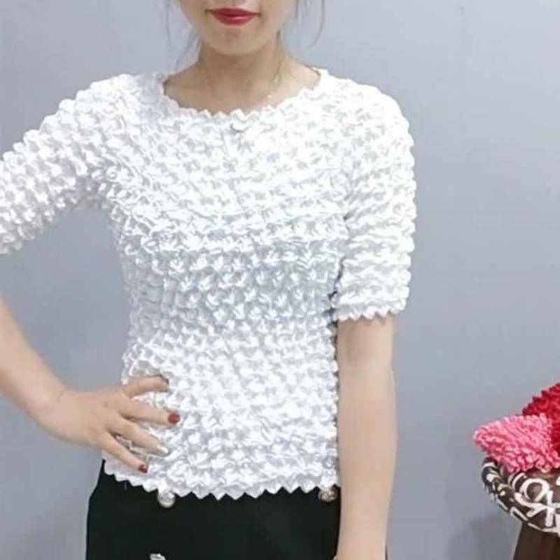 Plissee Ananas Falten Bubble Shirt Vielseitiger Zauberanzug Kurzarm Einfarbig Transparent Lose Dreidimensionale Damen One Size von Joom DACH