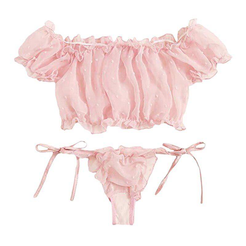 Plissee Mesh Dessous Set Frauen Süße Nette Babydoll Nachtwäsche Damen Trägerlosen Tops + Slip Unterwäsche Set L von Joom DACH