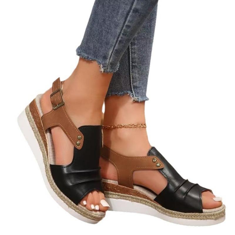 Plissierte PU-Leder Keilsandalen für Damen Frau Sommer Dicke Sohle Peeptoe Schuhe Fersenriemen Espadrilles Plateau Sandalen 42 schwarz von Joom DACH