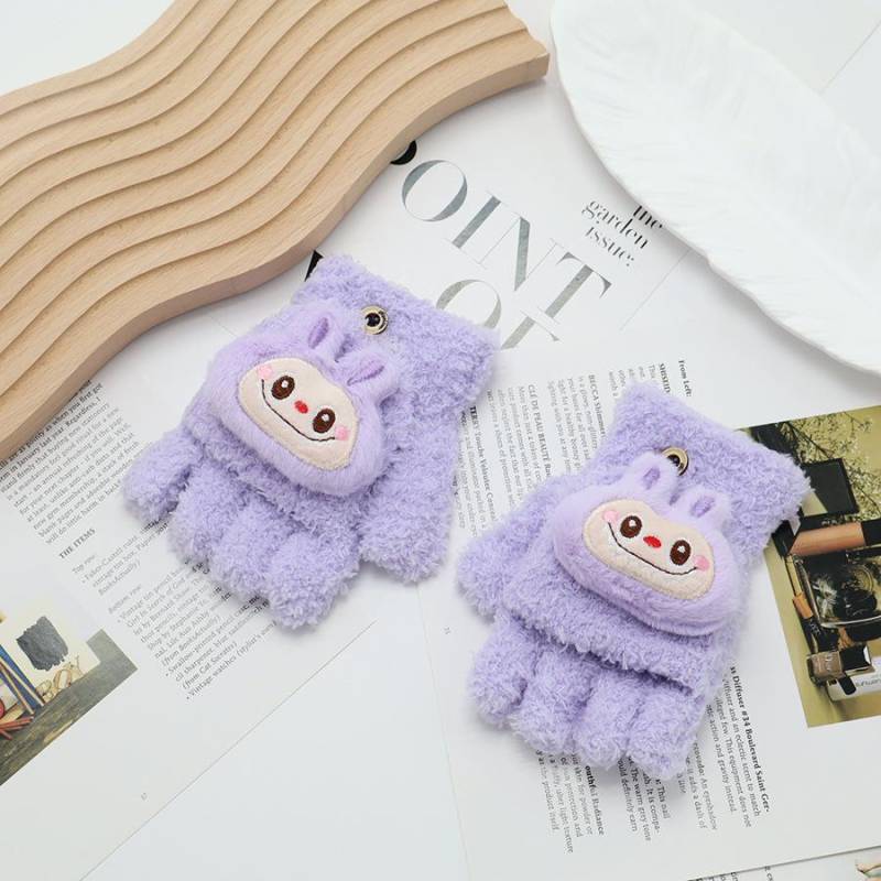 Plüsch-Klapphandschuhe für Kinder, Niedliche Damen-Strickhandschuhe mit offenen Fingern aus Korallenvlies mit Cartoon-Motiv, Kinderhandschuhe One size von Joom DACH