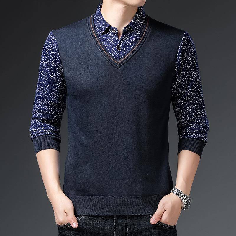 Plüsch Samt Warm Lässig Fake Zweiteiler Strickpullover Herbst und Winter Herren Langarm Unterhemd Papa Mode Trend XXXL von Joom DACH