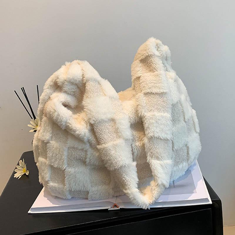 Plüsch-Tasche, große Kapazität, Einkaufstasche, Damen-Handtasche, Einkaufstasche, modische Damen-Tasche mit Griff oben, 2023, Winter, lässig, Unterarm-Schulter-Plüsch-Tragetasche, große Tasche elfenbein von Joom DACH