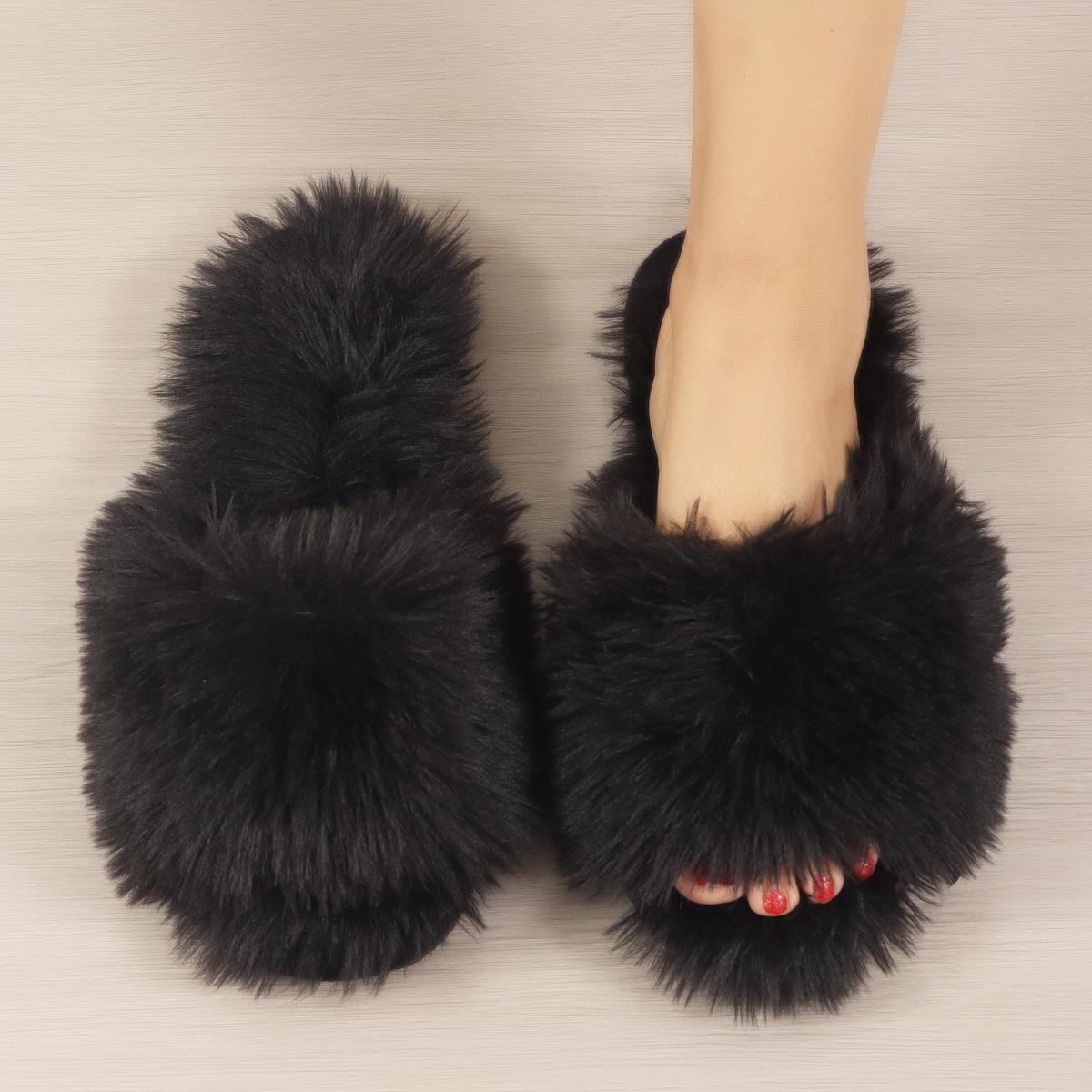 Plüsch-Winterpantoffeln für Damen, einfarbige, offene Zehenpartie, flache Schuhe mit weicher Unterseite, bequeme, warme Hausschuhe 36-37 von Joom DACH
