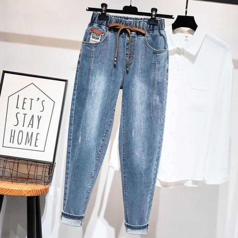 Plus Größe Baumwolle Elastic Force Denim Hosen Hohe Taille Jeans Frau Dünne Frauen Jeans Harem Hosen 5XL blau von Joom DACH