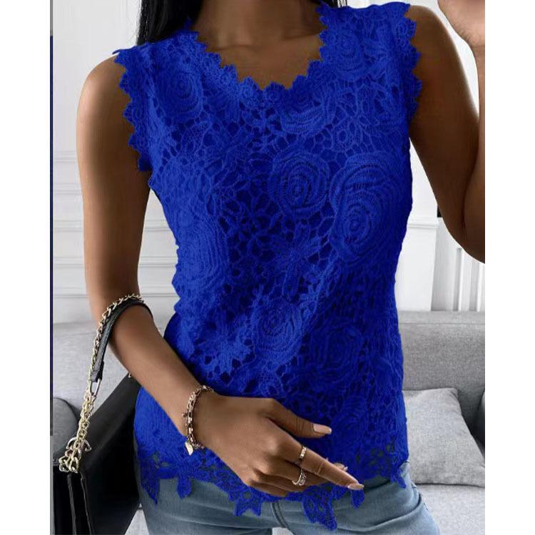 Plus Größe Floral Weste Leibchen Sommer Tops Mode Spitze Bluse Frauen Jacquard Ärmellose Hemden Casual Frauen Vintage T-Shirt XXL blau von Joom DACH