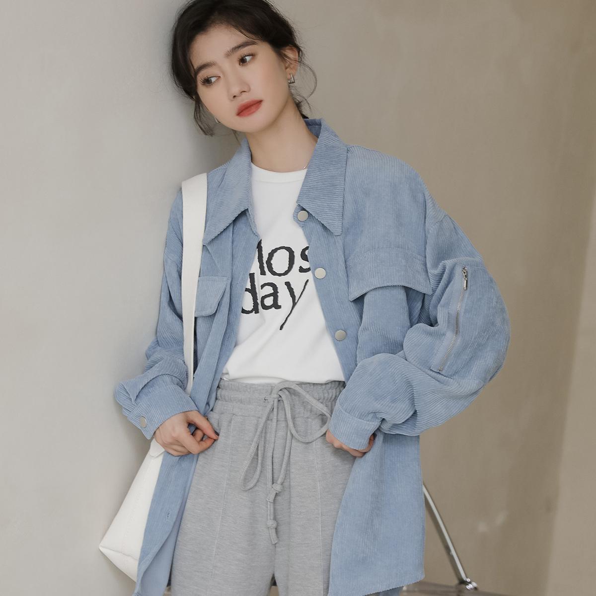 Plus Größe Frauen Bluse Jacke Casual Cord Hemd Oversize Lose Baumwolle Taste Strickjacke Herbst Mantel one size blau von Joom DACH