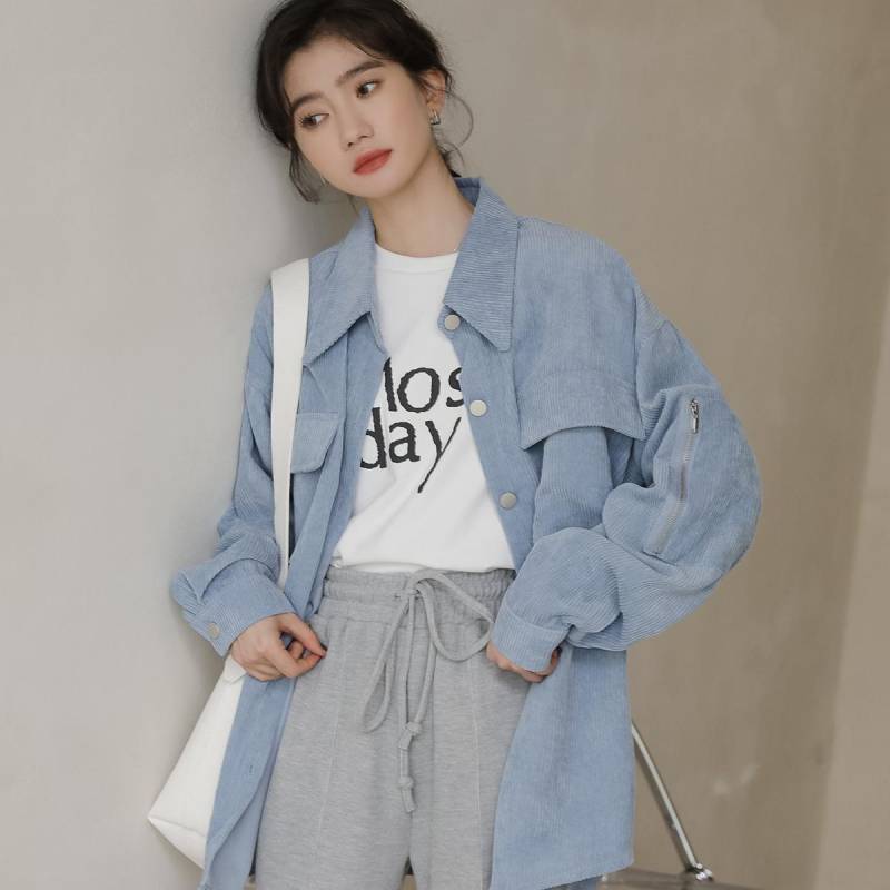 Plus Größe Frauen Bluse Jacke Casual Cord Hemd Oversize Lose Baumwolle Taste Strickjacke Herbst Mantel one size blau von Joom DACH