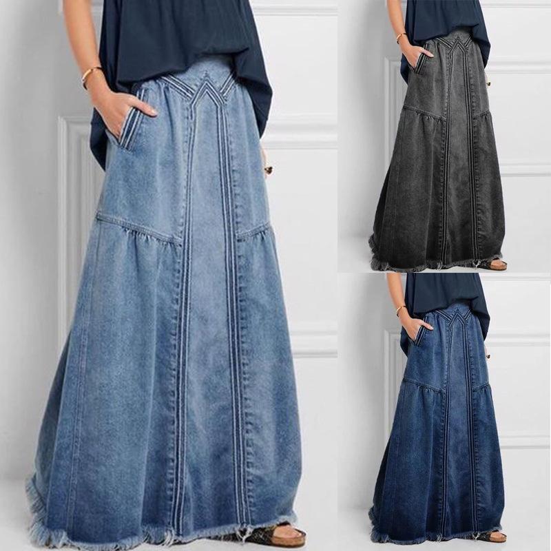 Plus Größe Frauen Frühling und Herbst Mode Rock Einfarbig Hohe Taille Casual Knöchellangen Denim Röcke L grau von Joom DACH