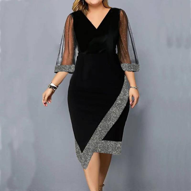 Plus Größe Frauen Pailletten V-Ausschnitt Mesh Sommerkleid Damen Split Party Kleid Cocktail L schwarz von Joom DACH