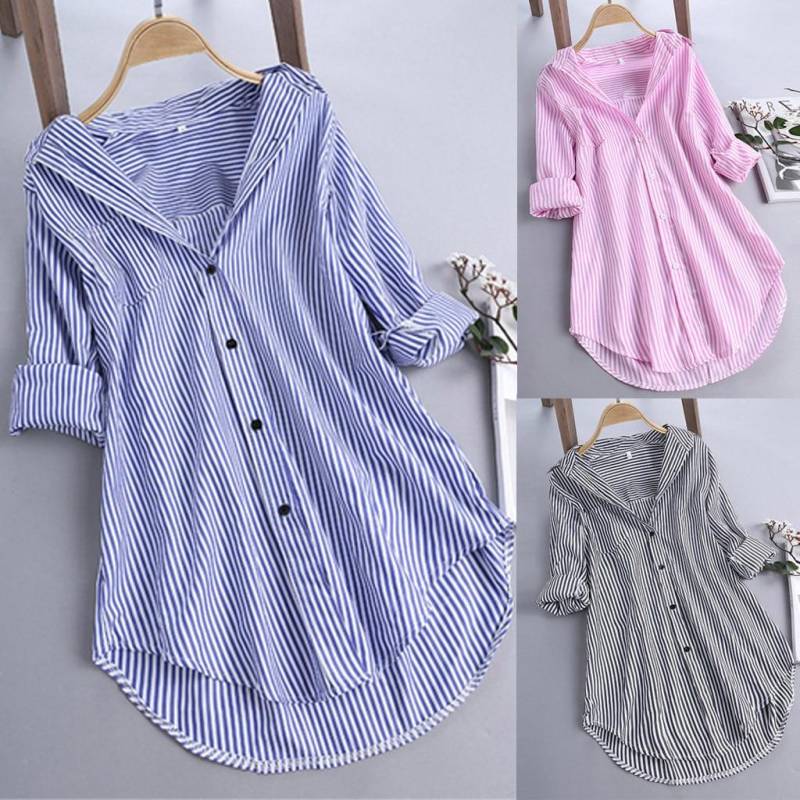 Plus Größe Frauen Tunika Shirts Chic Streifen Bluse Herbst Damen Große Größe Taste Spitze V-ausschnitt Langarm Hemd bluse blusas L blau von Joom DACH