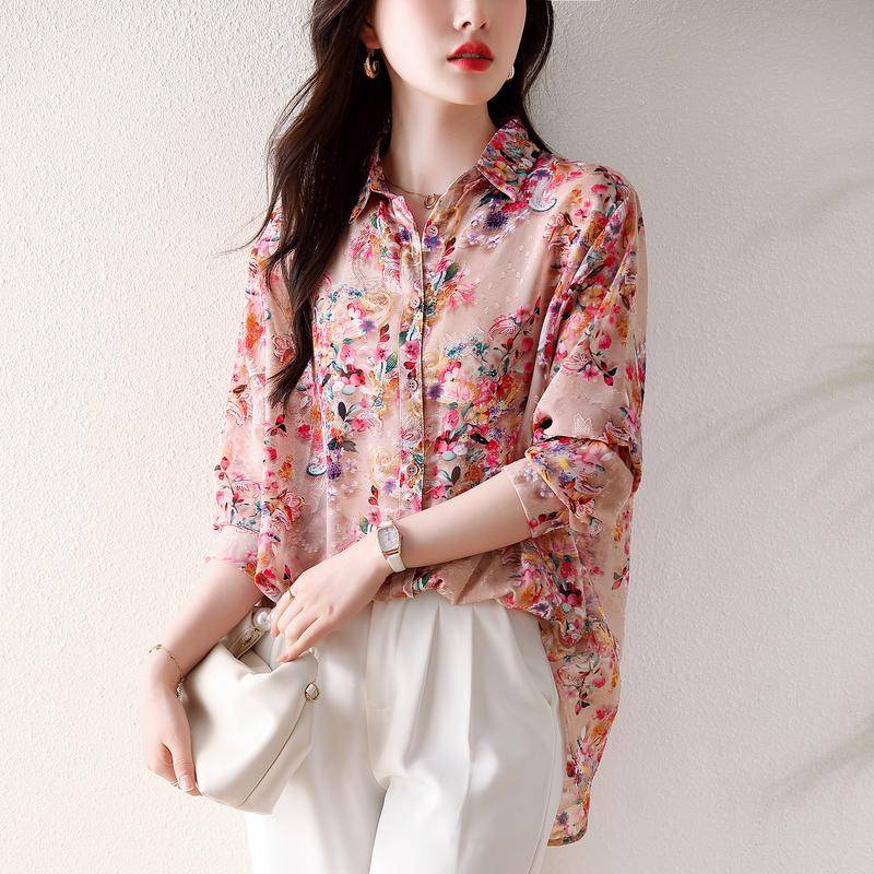 Plus Größe Neue Sommer Bluse Chiffon Fashion Shirt Frauen Lose Langarm Shirt Casual Print Tops Tees 3XL von Joom DACH