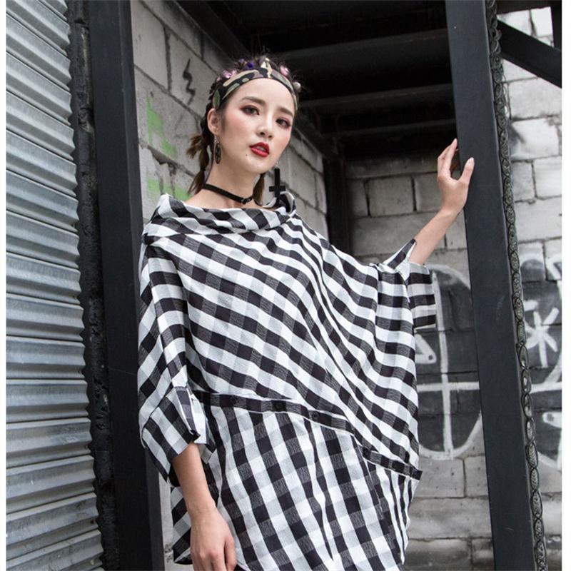 Plus Größe Sommer Bluse Casual Chiffon Hemd Rollkragen Frauen Drucken Fledermaus Plaid Kleidung Kurzarm Lose T-Shirt One Size schwarz von Joom DACH