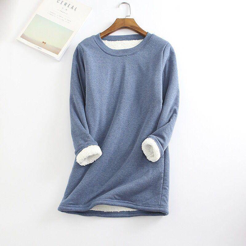 Plus Größe Verdickte Samt Warme Tops Frauen Winter Casual Bodenbildung Fleece T Shirt Einfarbig Oansatz Sweatershirts 4XL blau von Joom DACH
