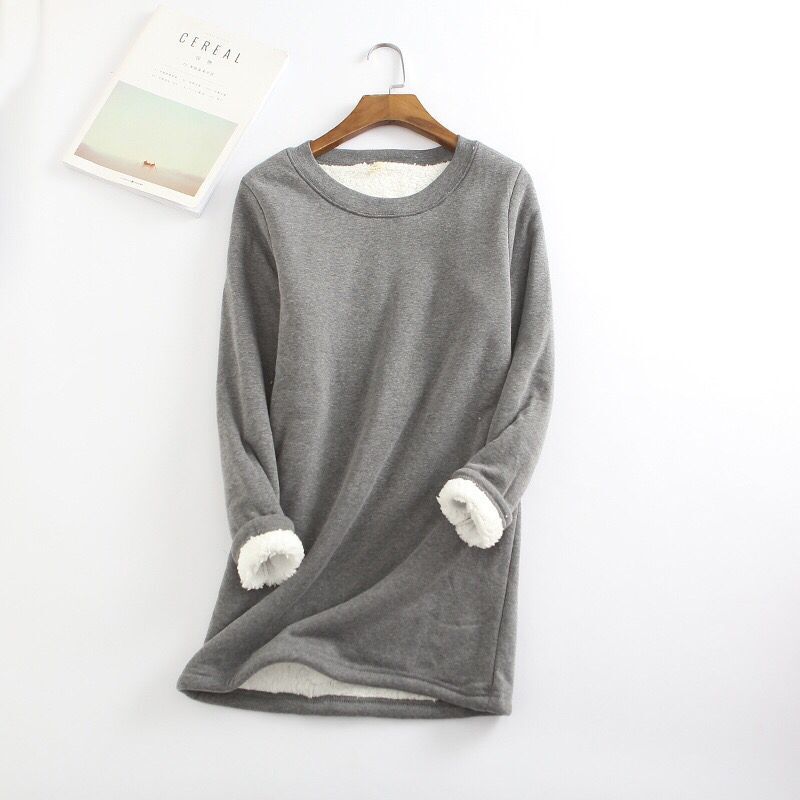 Plus Größe Verdickte Samt Warme Tops Frauen Winter Casual Bodenbildung Fleece T Shirt Einfarbig Oansatz Sweatershirts 4XL grau von Joom DACH