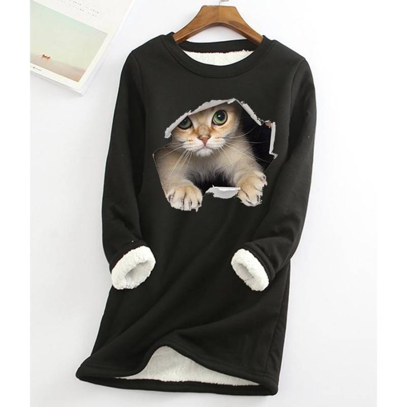 Plus Größe Verdickte Samt Warme Tops Frauen Winter Katze Drucken Casual Bodenbildung Fleece T Shirt Oansatz Sweatershirts 4XL von Joom DACH