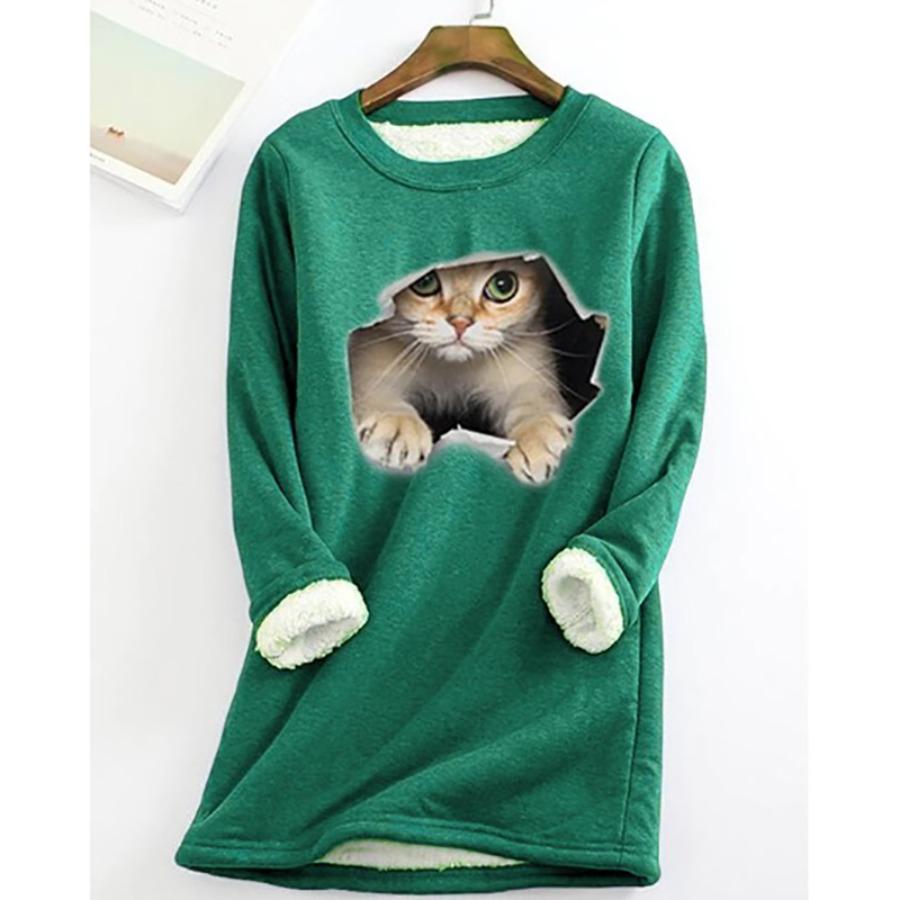 Plus Größe Verdickte Samt Warme Tops Frauen Winter Katze Drucken Casual Bodenbildung Fleece T Shirt Oansatz Sweatershirts 5XL von Joom DACH