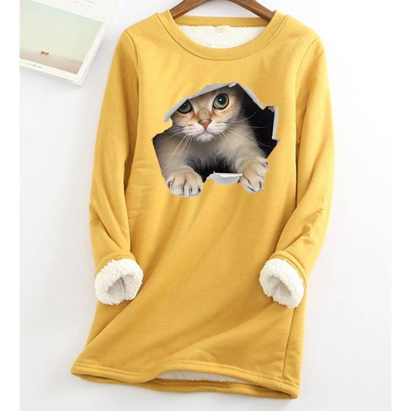 Plus Größe Verdickte Samt Warme Tops Frauen Winter Katze Drucken Casual Bodenbildung Fleece T Shirt Oansatz Sweatershirts 5XL von Joom DACH