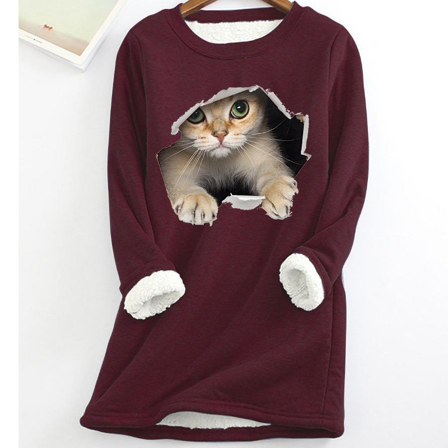 Plus Größe Verdickte Samt Warme Tops Frauen Winter Katze Drucken Casual Bodenbildung Fleece T Shirt Oansatz Sweatershirts 5XL von Joom DACH