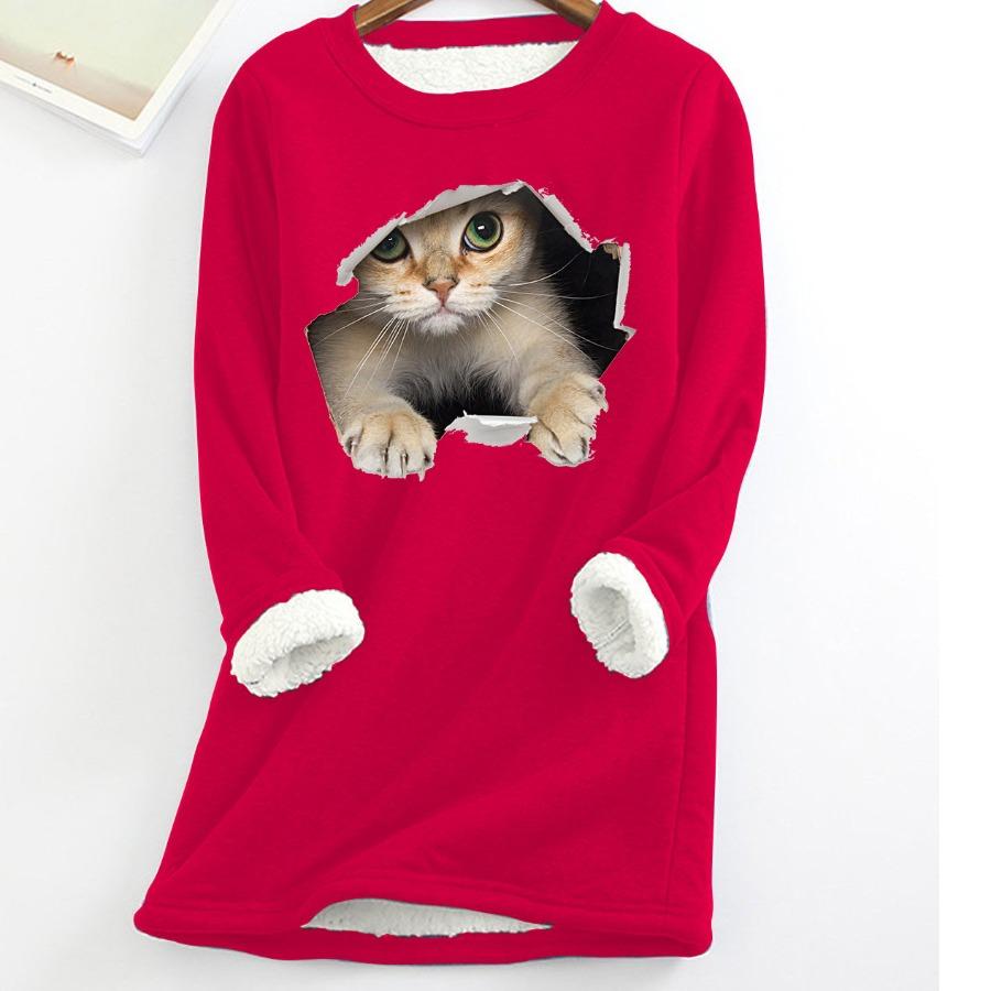 Plus Größe Verdickte Samt Warme Tops Frauen Winter Katze Drucken Casual Bodenbildung Fleece T Shirt Oansatz Sweatershirts 5XL von Joom DACH