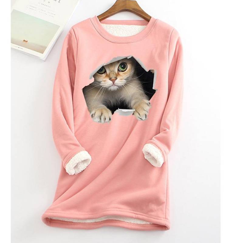 Plus Größe Verdickte Samt Warme Tops Frauen Winter Katze Drucken Casual Bodenbildung Fleece T Shirt Oansatz Sweatershirts L von Joom DACH