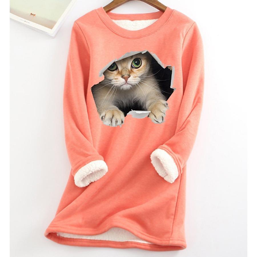 Plus Größe Verdickte Samt Warme Tops Frauen Winter Katze Drucken Casual Bodenbildung Fleece T Shirt Oansatz Sweatershirts L von Joom DACH