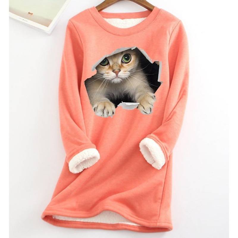 Plus Größe Verdickte Samt Warme Tops Frauen Winter Katze Drucken Casual Bodenbildung Fleece T Shirt Oansatz Sweatershirts L von Joom DACH